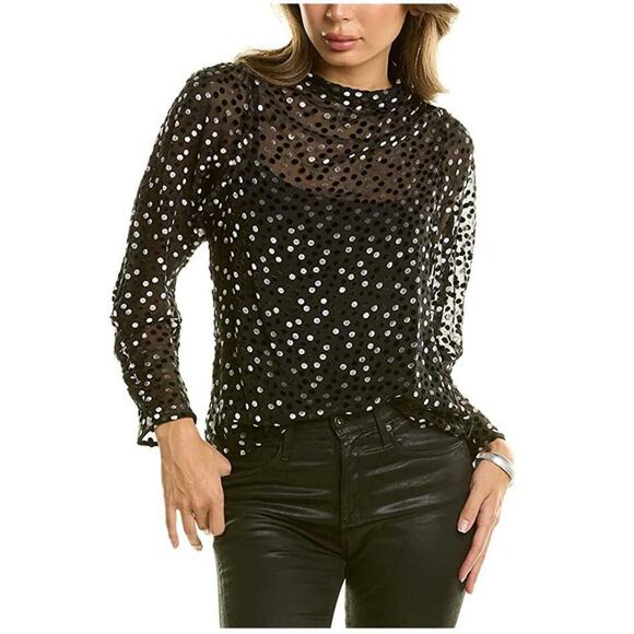 Rebecca Taylor Tops - Rebecca Taylor Womens Velvet Dotted Sheer Top Sz 0 Black Long Sleeve Silk NWT